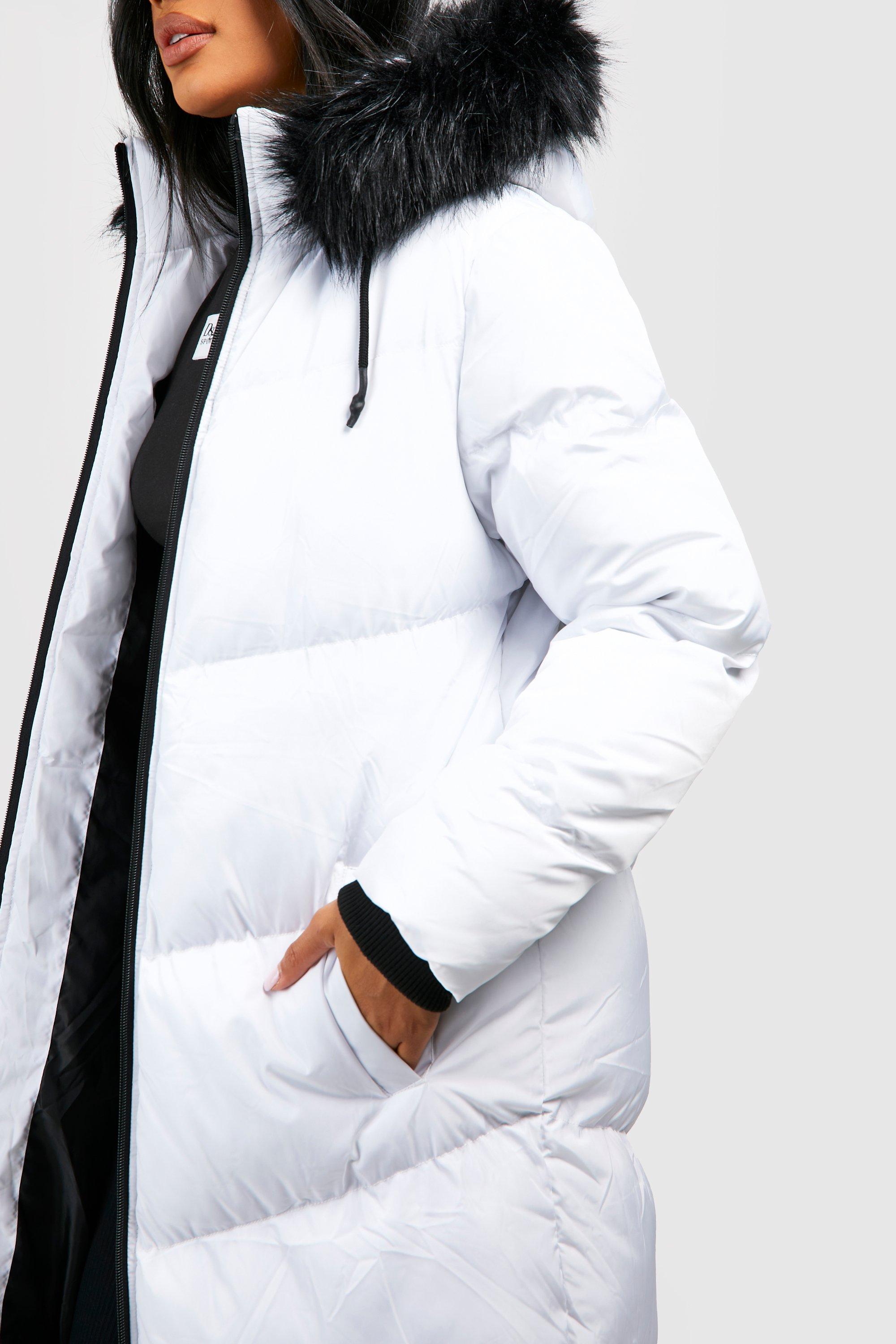 Black puffer jacket cheap with white fur hood