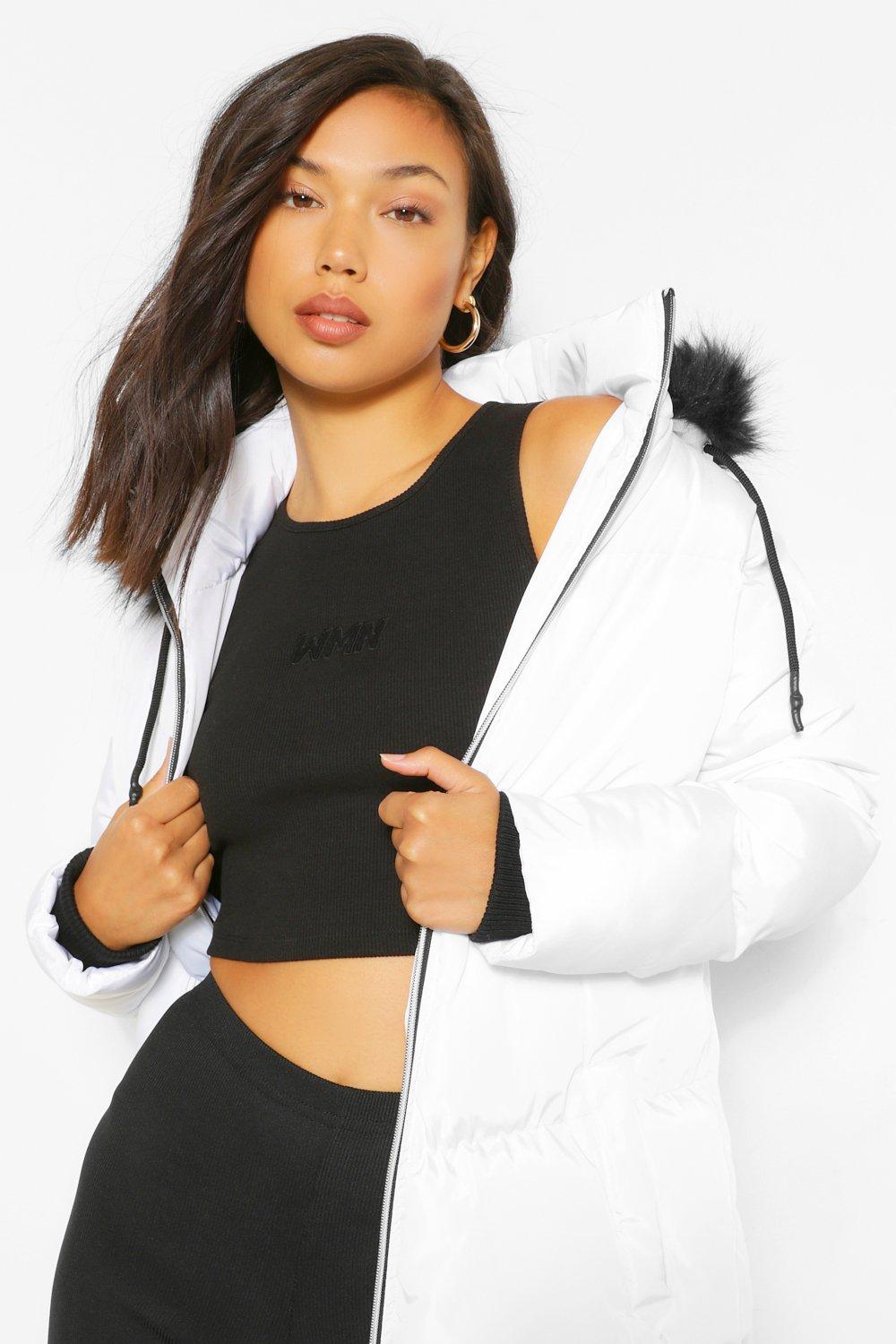 White puffer jacket clearance with black fur hood