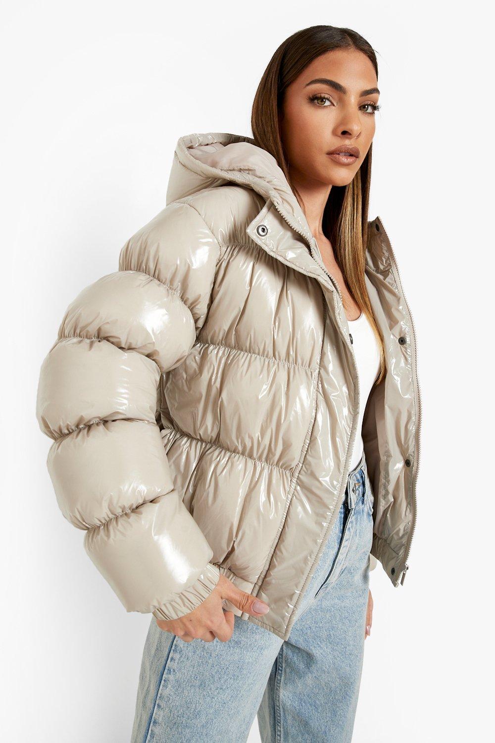 womens high shine puffer coat