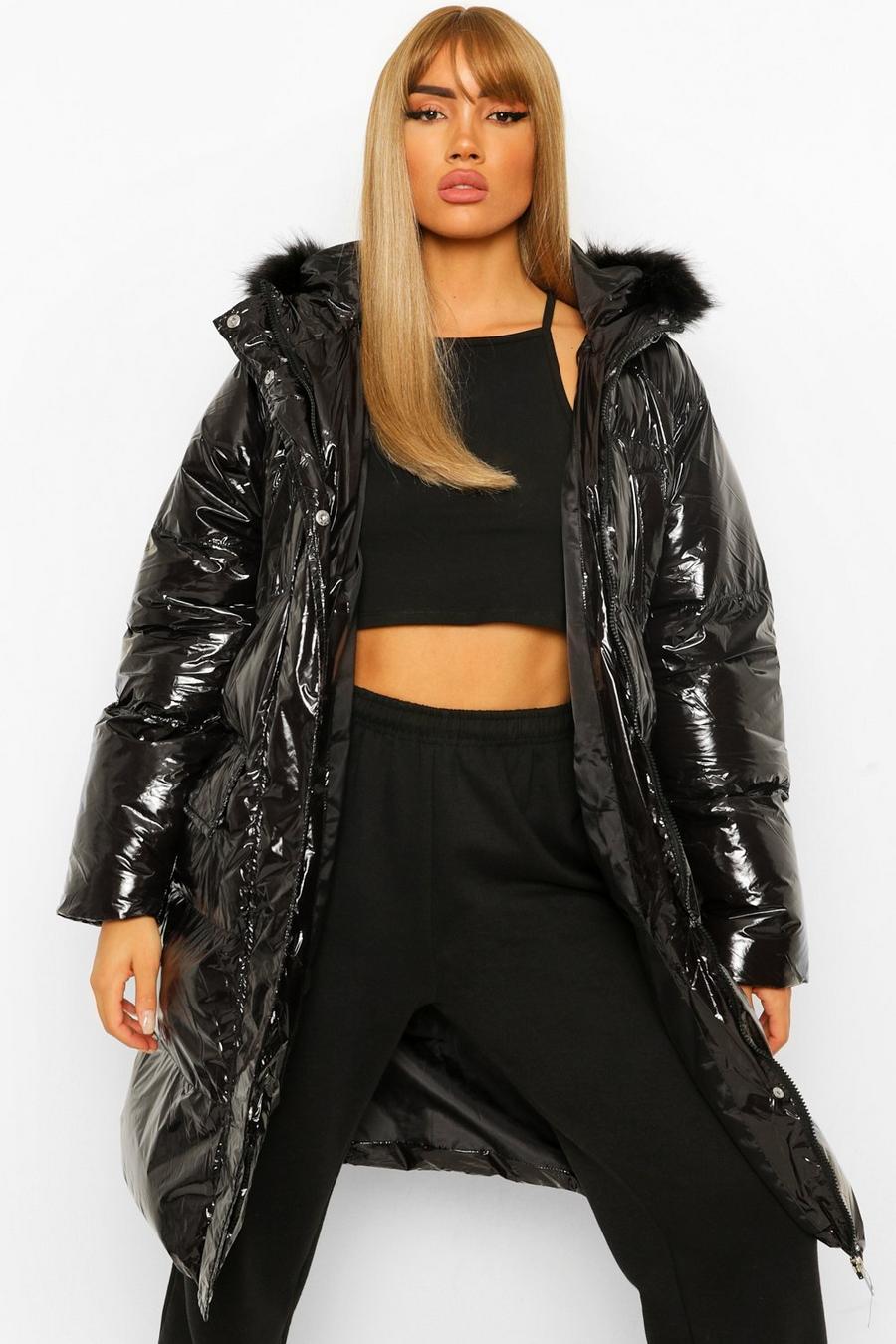 Women's High Shine Faux Fur Trim Puffer Jacket | Boohoo UK