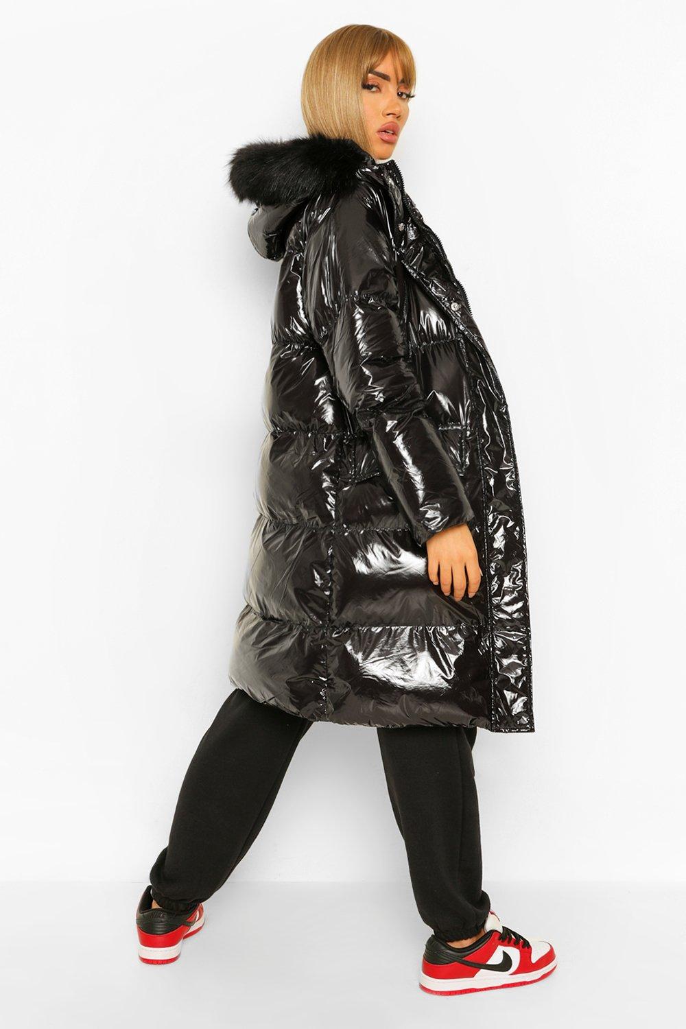 High Shine Faux Fur Trim Puffer Jacket boohoo UK