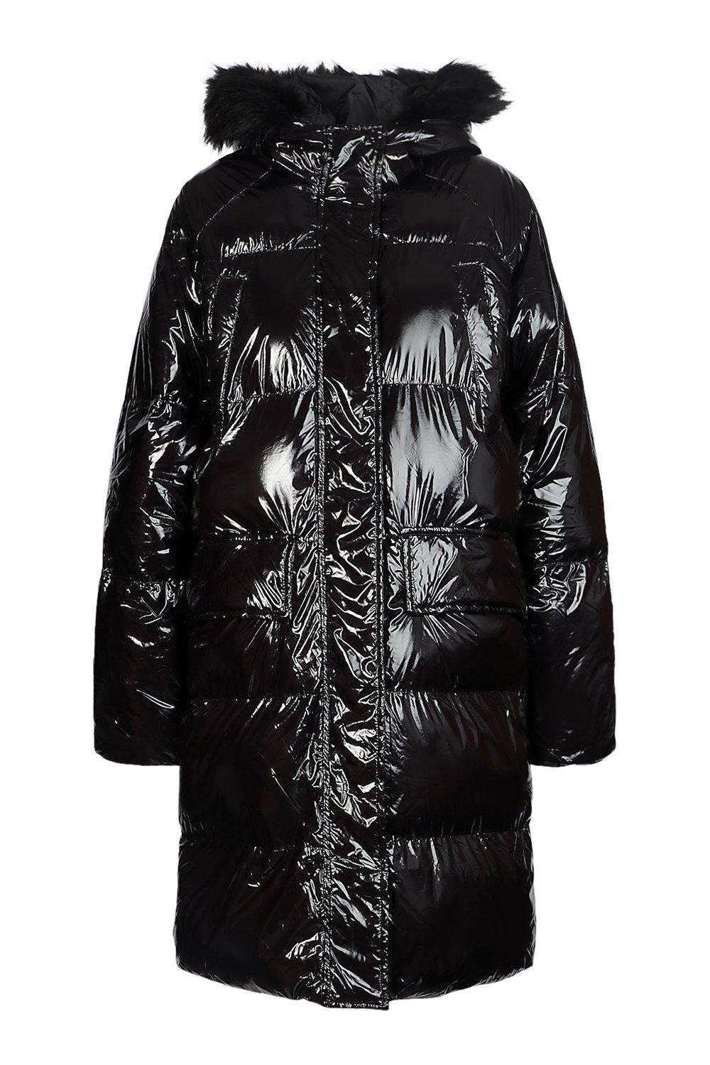 Black high shine faux fur trim padded jacket shop