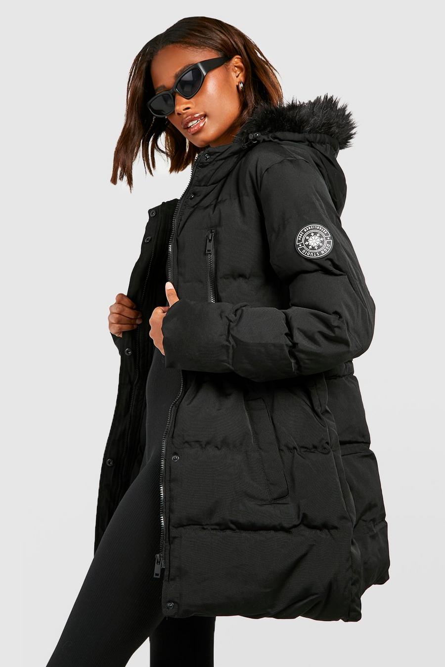 Black negro Luxe Technical Faux Fur Trim Parka Coat