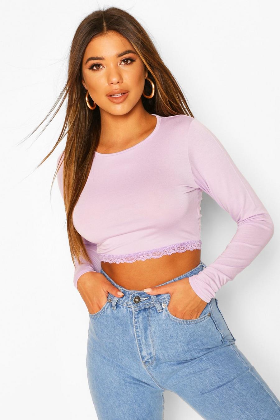 Lilac Lace Trim Long Sleeve Top image number 1
