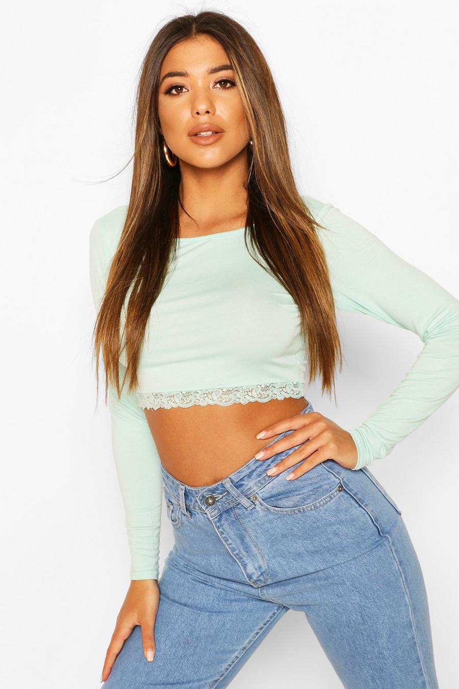 Mint Lace Trim Long Sleeve Top image number 1
