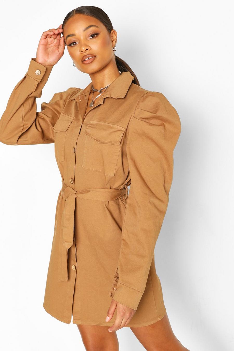 Volume Sleeve Cotton Twill Belted Shirt Dress image number 1