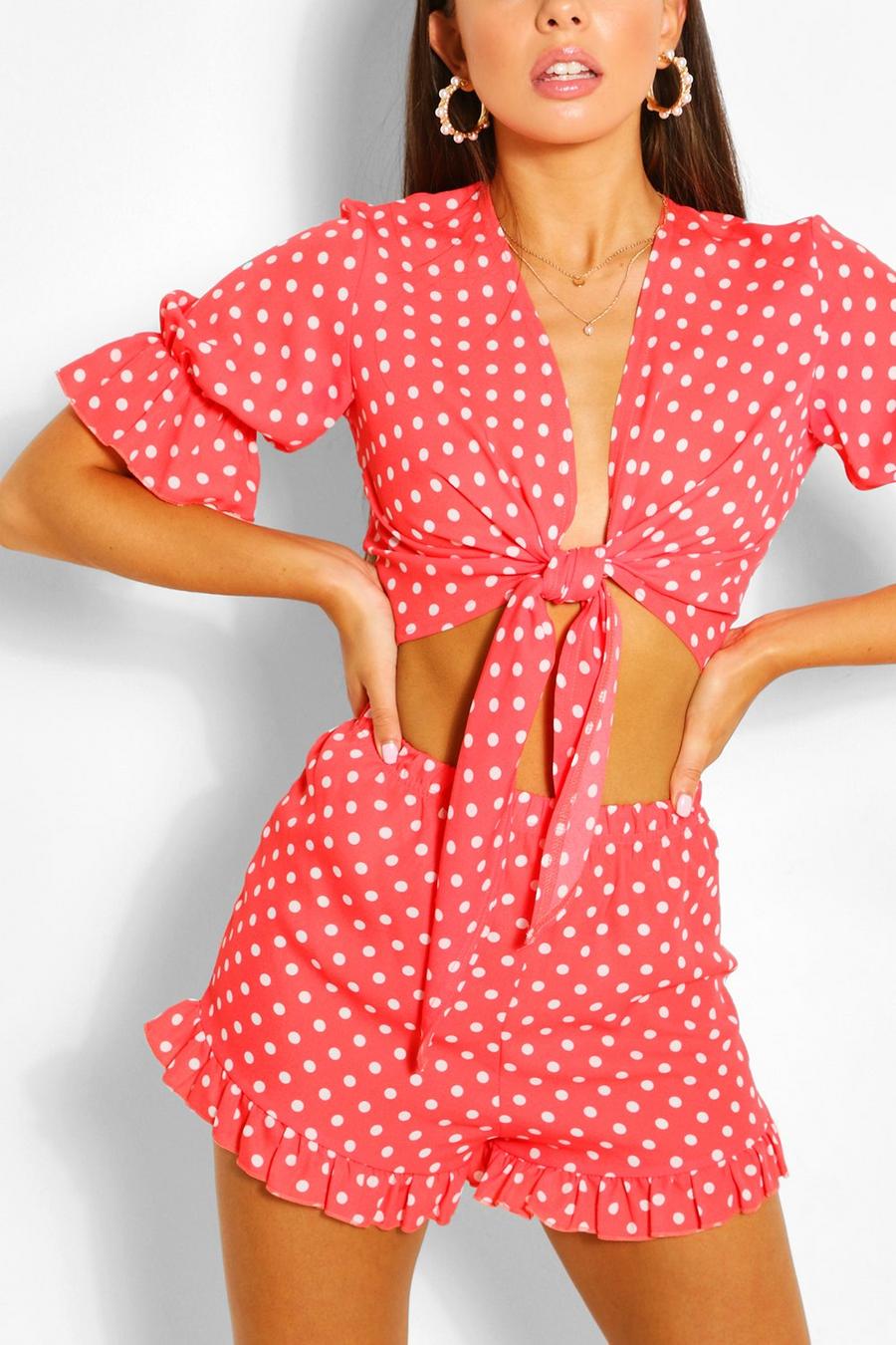 Coral Polka Dot Tie Front Top & Shorts Co-ord image number 1
