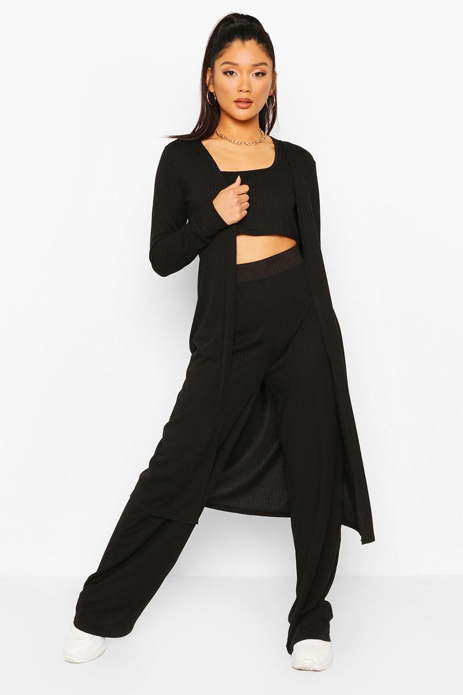 Black Soft Rib 3 Piece Duster, Crop & Pants Co-Ord image number 1