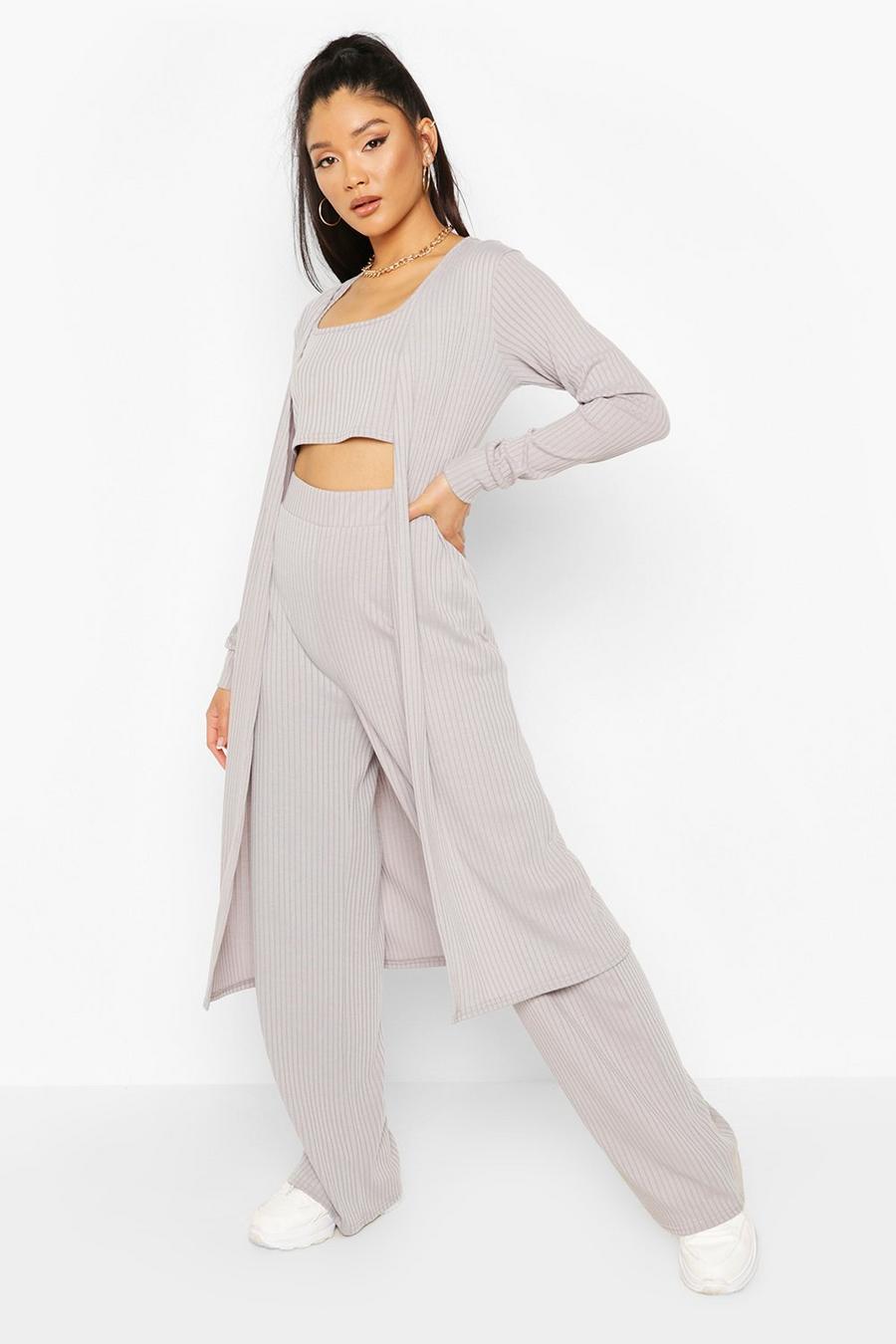 Grey Soft Rib 3 Piece Duster, Crop & Pants Two-Piece image number 1