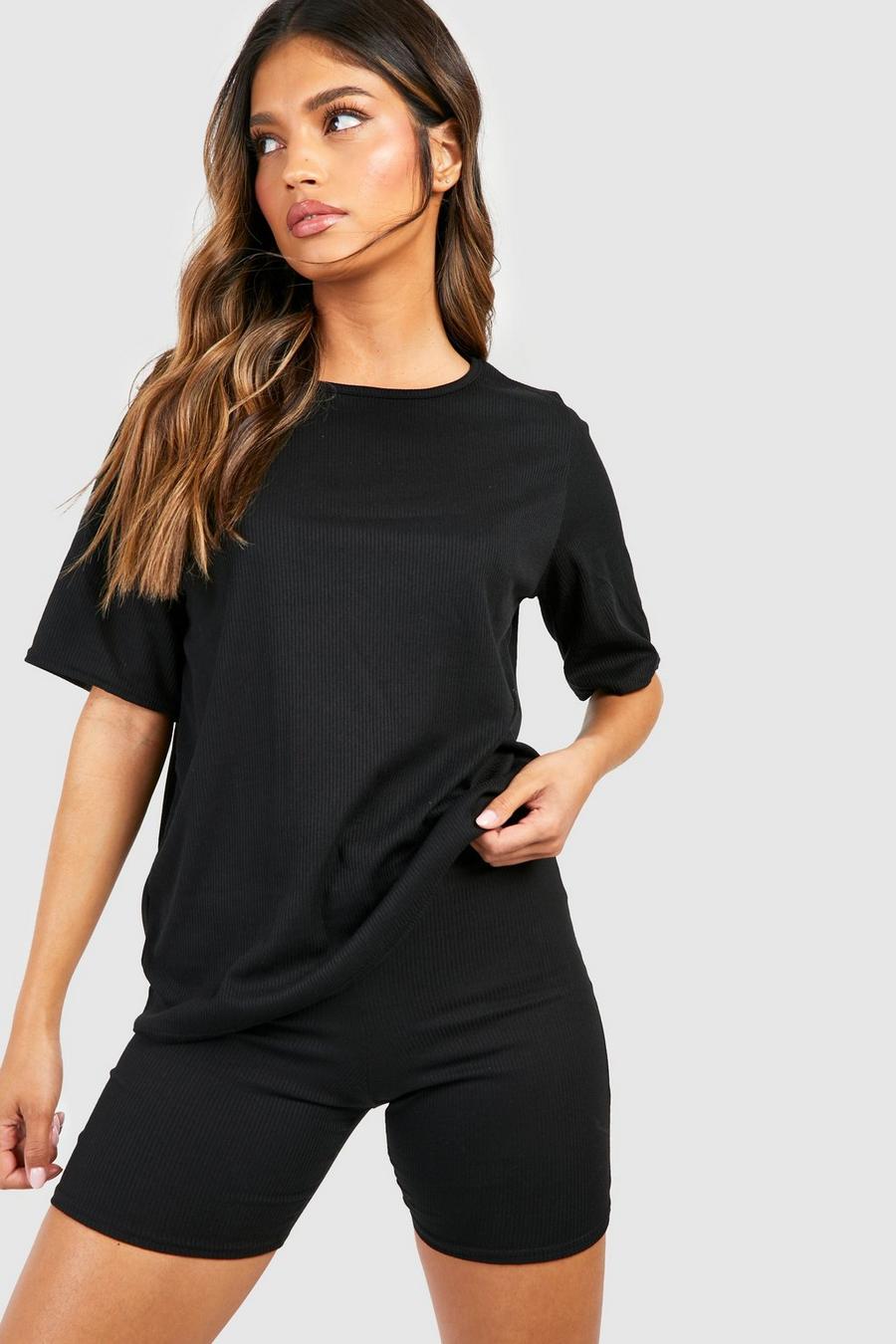 Black Oversized T-Shirt And Cycling Short Co-Ord Set image number 1