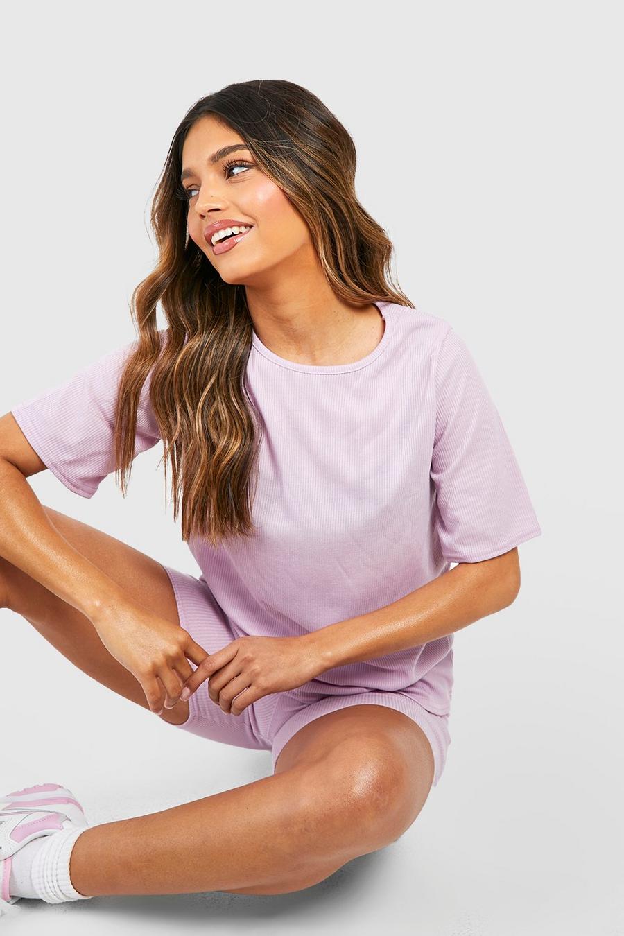 Lilac purple Oversized T-Shirt And Biker Short Two-Piece Set image number 1