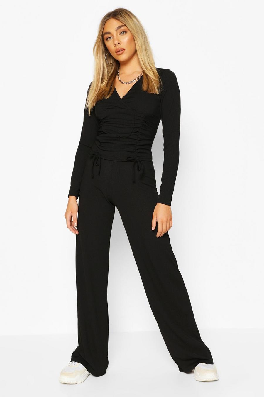 Ribbed Ruched Top & Wide Leg Pants Two-Piece Set image number 1