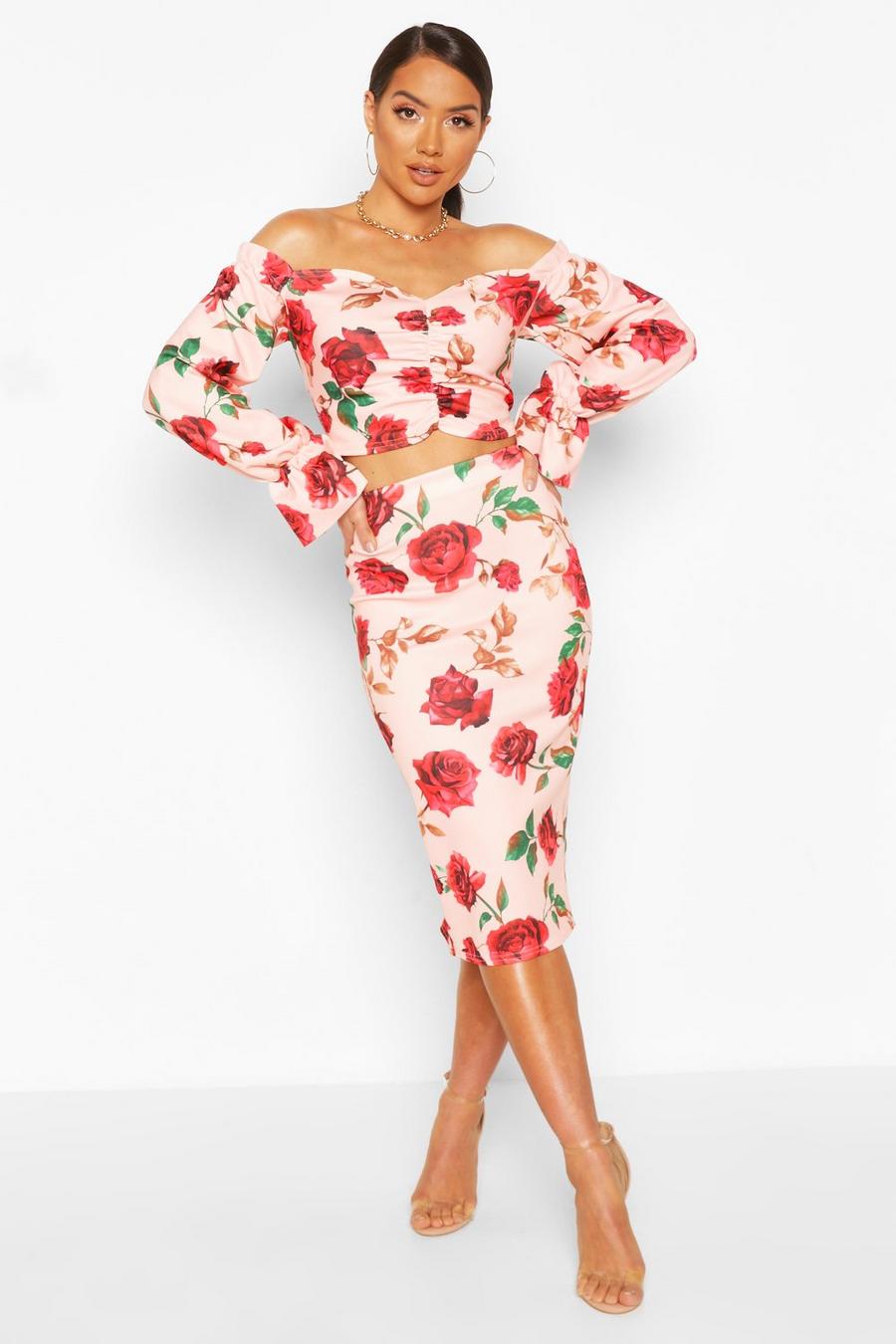 Floral Off The Shoulder Top And Midi Skirt Co-ord image number 1