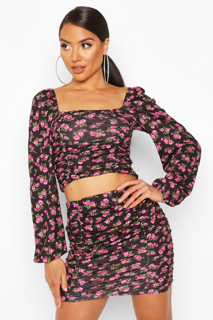 Black Floral Peasant Ruched Top & Mini Skirt Co-Ord image number 1