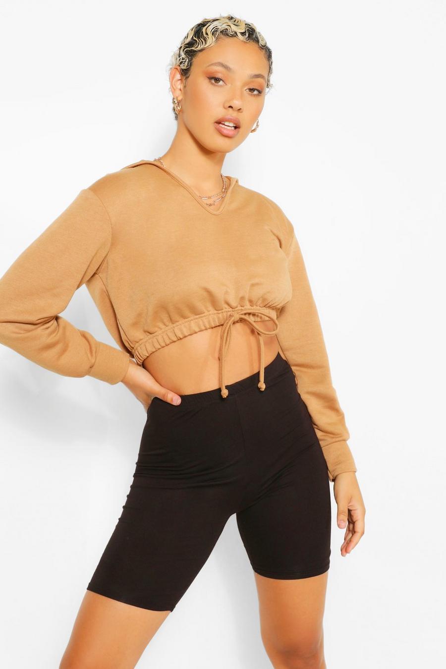 Camel Hooded Crop Sweat Top and Cycling Short Co-Ord image number 1