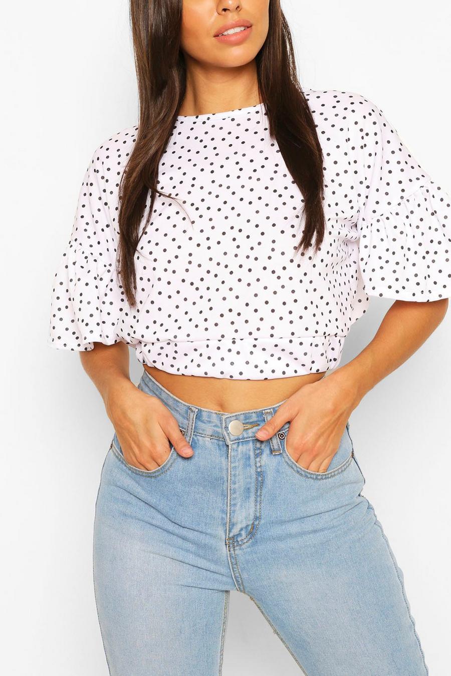 White Polka Dot Ruffle Open Back Tie Top image number 1