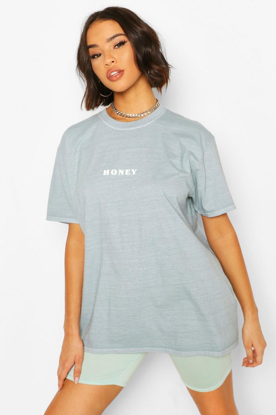 Mint Honey T-shirt med slogan och tvättad effekt image number 1