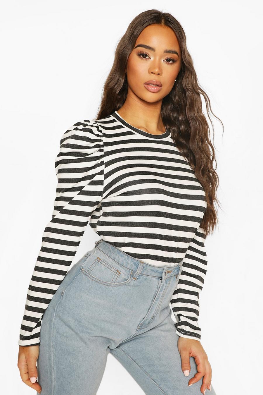 Black Striped Puff Sleeve Top image number 1