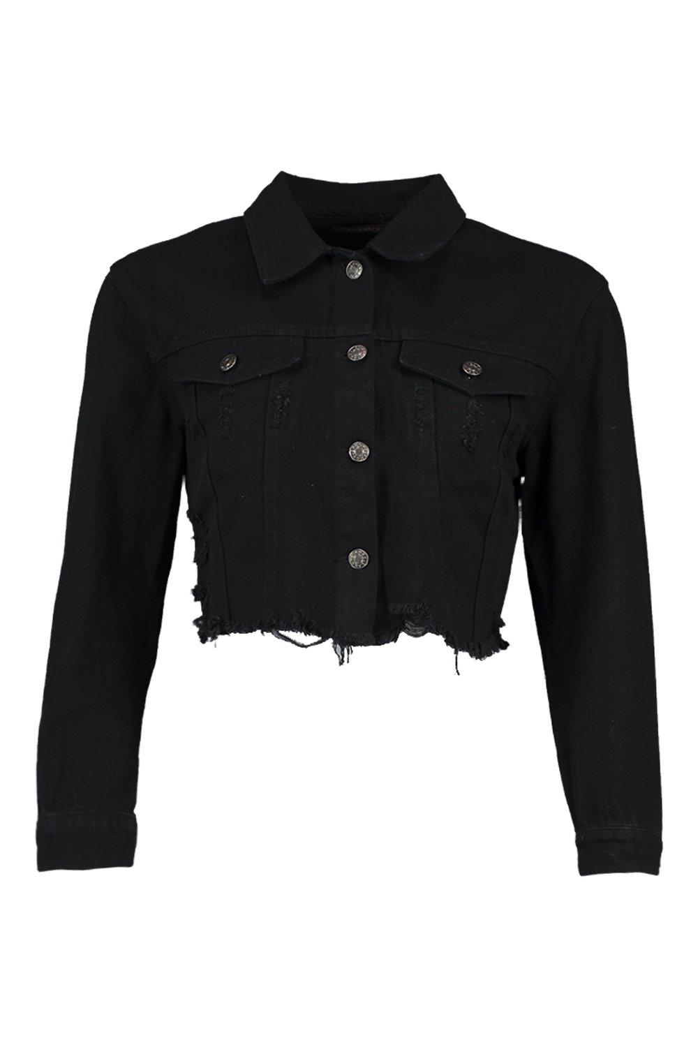 black cropped ripped denim jacket