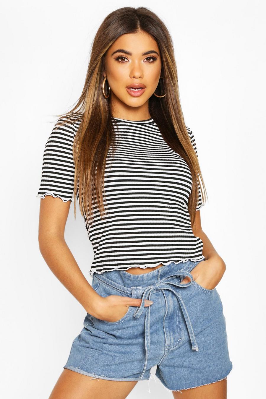 Striped Rib Top With Lettuce Hem And Cuffs image number 1