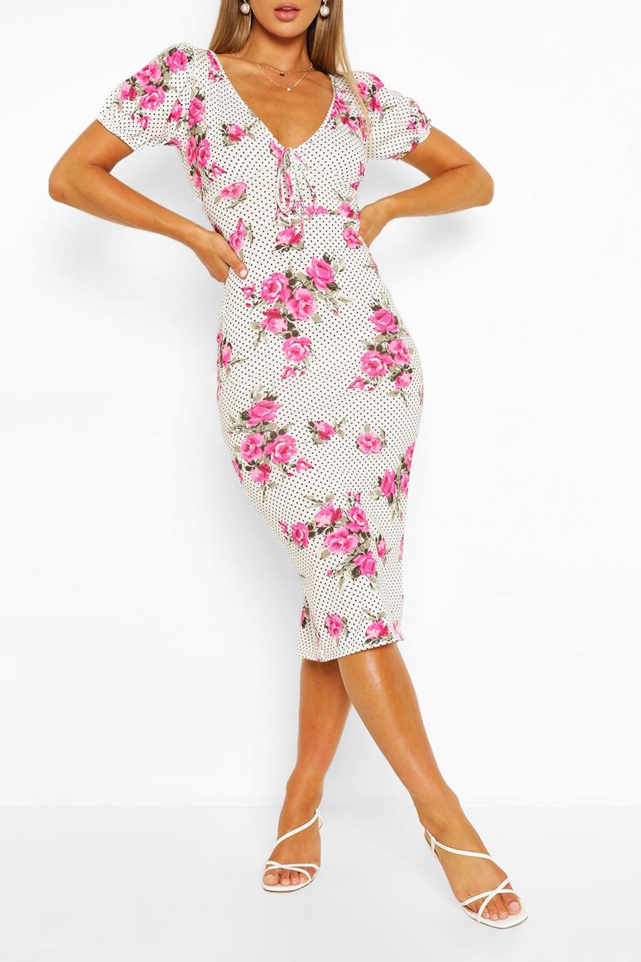 Floral Polka Dot Mix Print Puff Sleeve Midaxi Dress image number 1