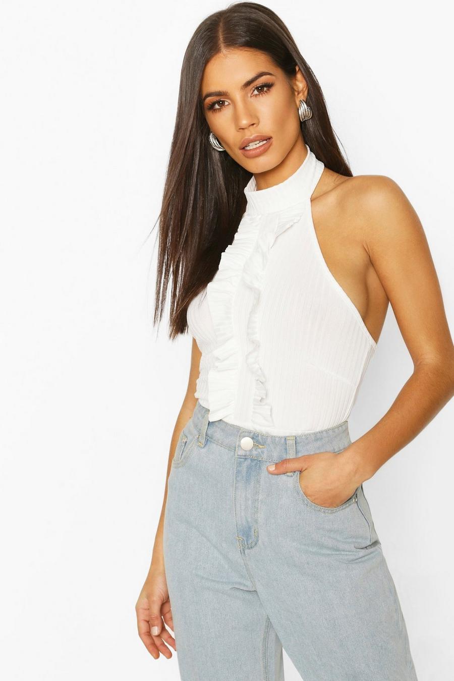 Rib Halter Neck Top With Ruffle Front image number 1