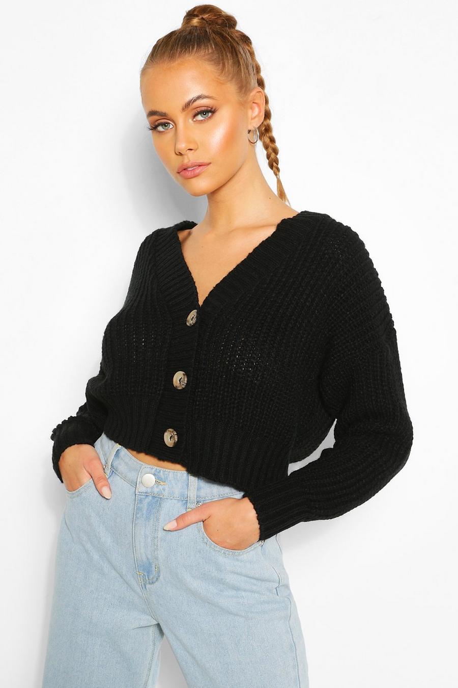 Black Chunky Knit Cropped Cardigan image number 1