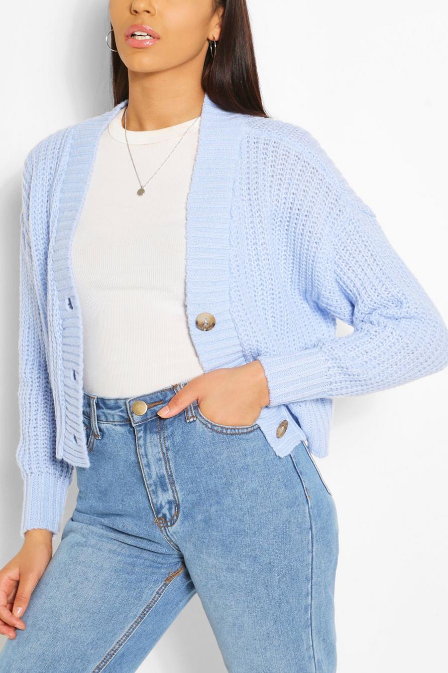 Blue Chunky Knit Cropped Cardigan