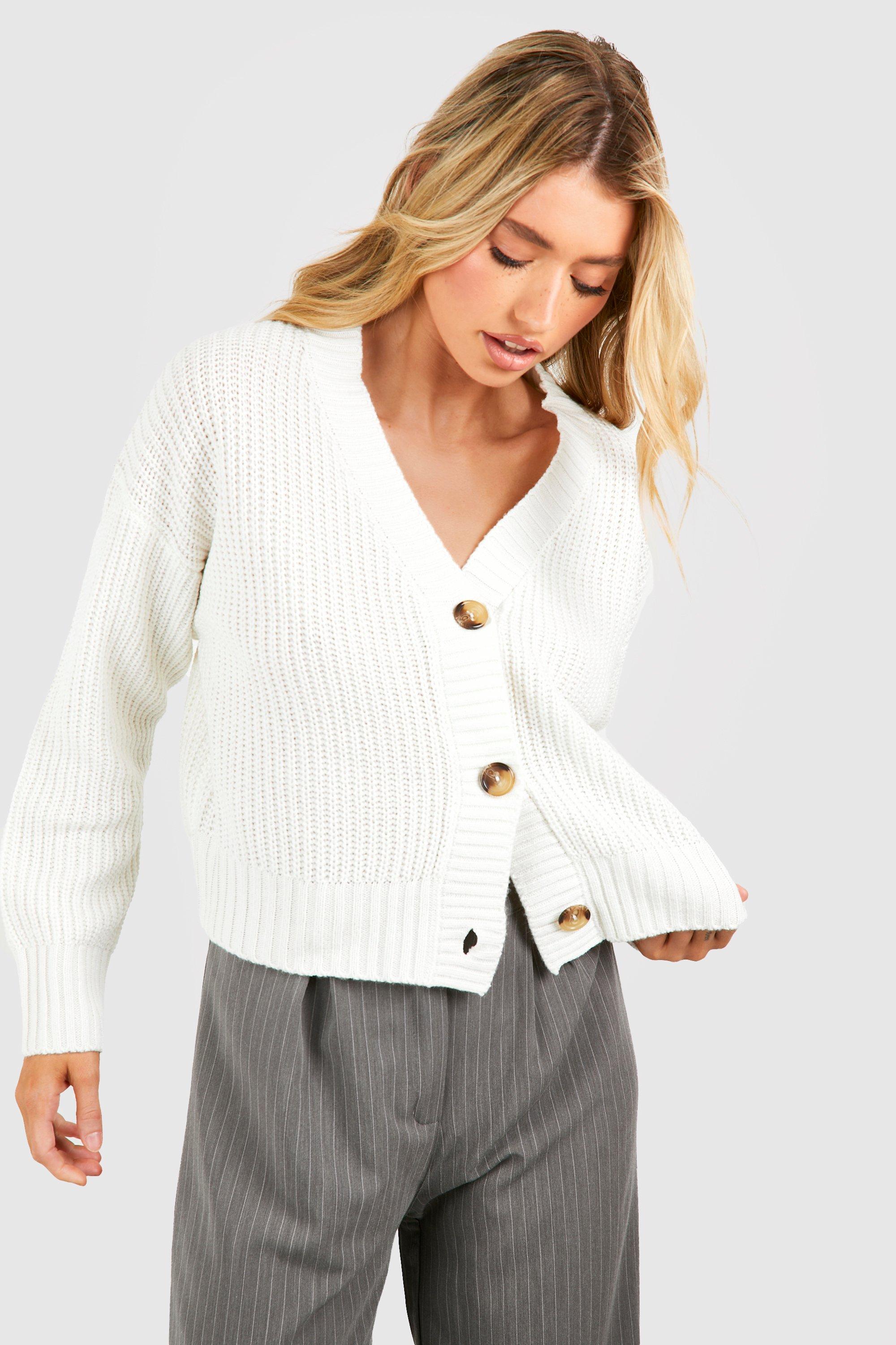 Prettylittlething Women's White Bobble Knit Crop Cardigan - Size M