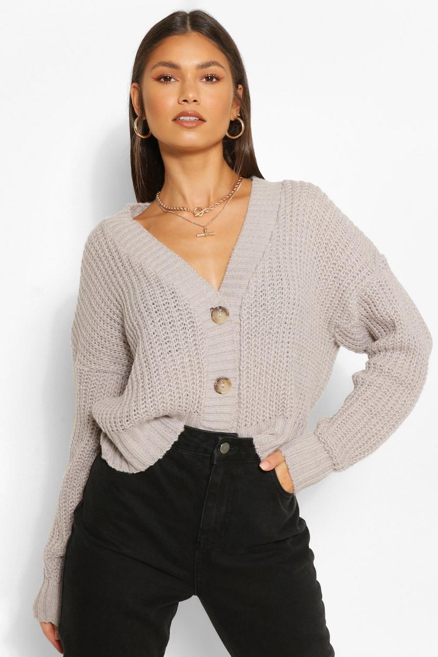 Grey Chunky Knit Cropped Cardigan image number 1