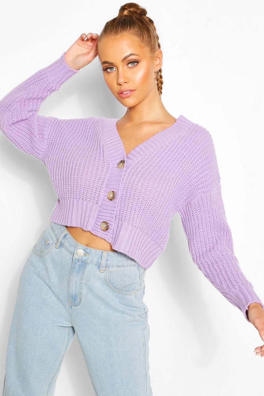 Lilac Chunky Knit Cropped Cardigan image number 1
