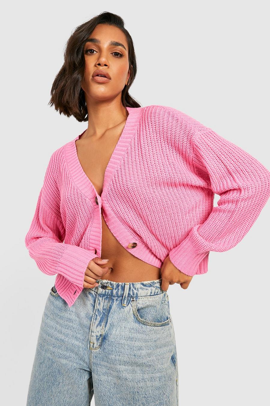 Pink Chunky Knit Cropped Cardigan image number 1
