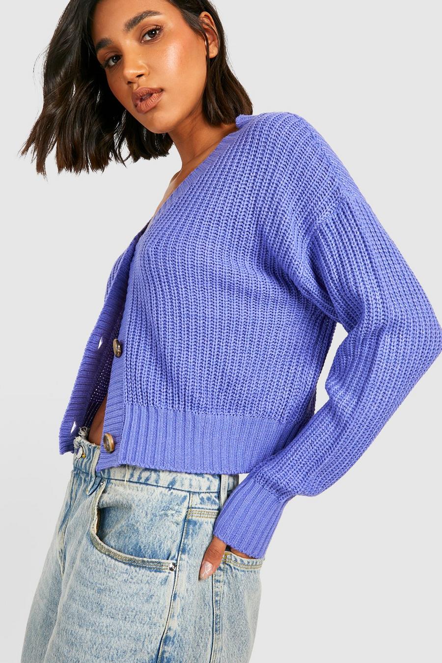 Purple Chunky Knit Cropped Cardigan image number 1