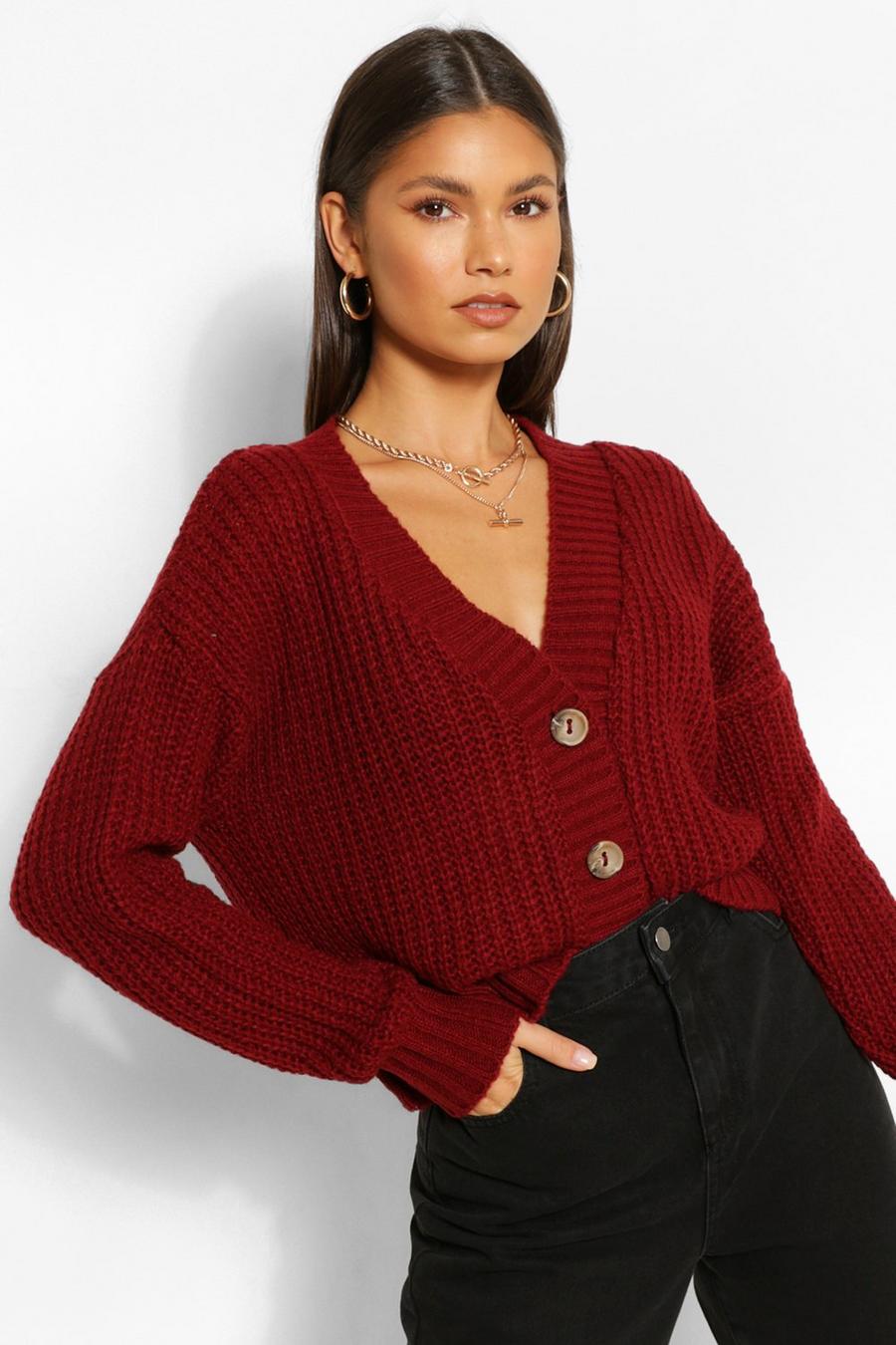 Wine Chunky Knit Cropped Cardigan image number 1