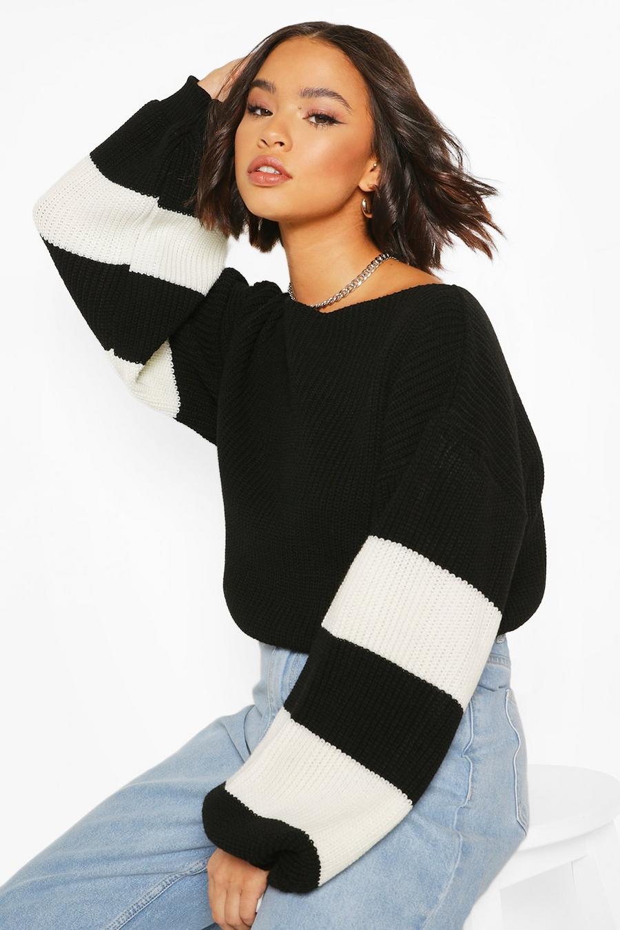 Black Balloon Sleeve Striped Sweater image number 1