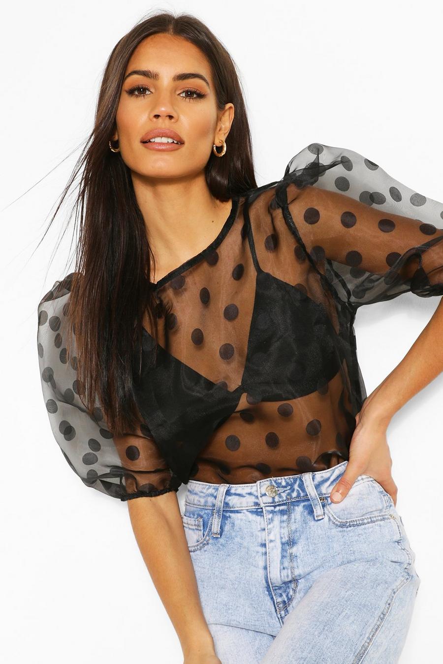 Polka Dot Organza Puff Sleeve Top image number 1