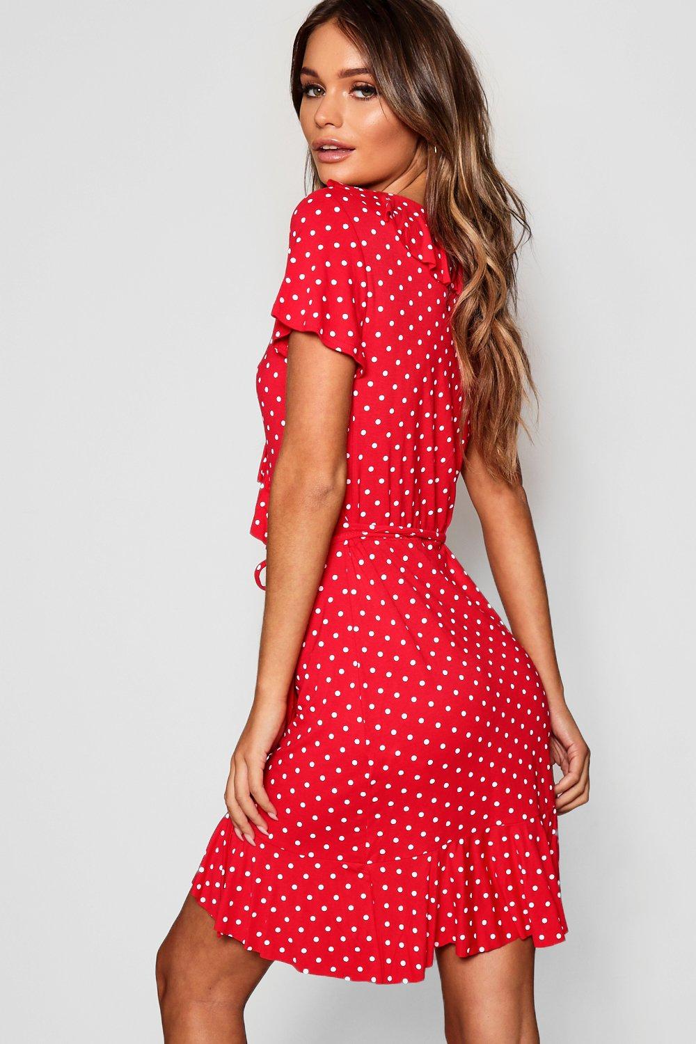 boohoo tiered ruffle mini dress with keyhole tie detail in mono polka dot