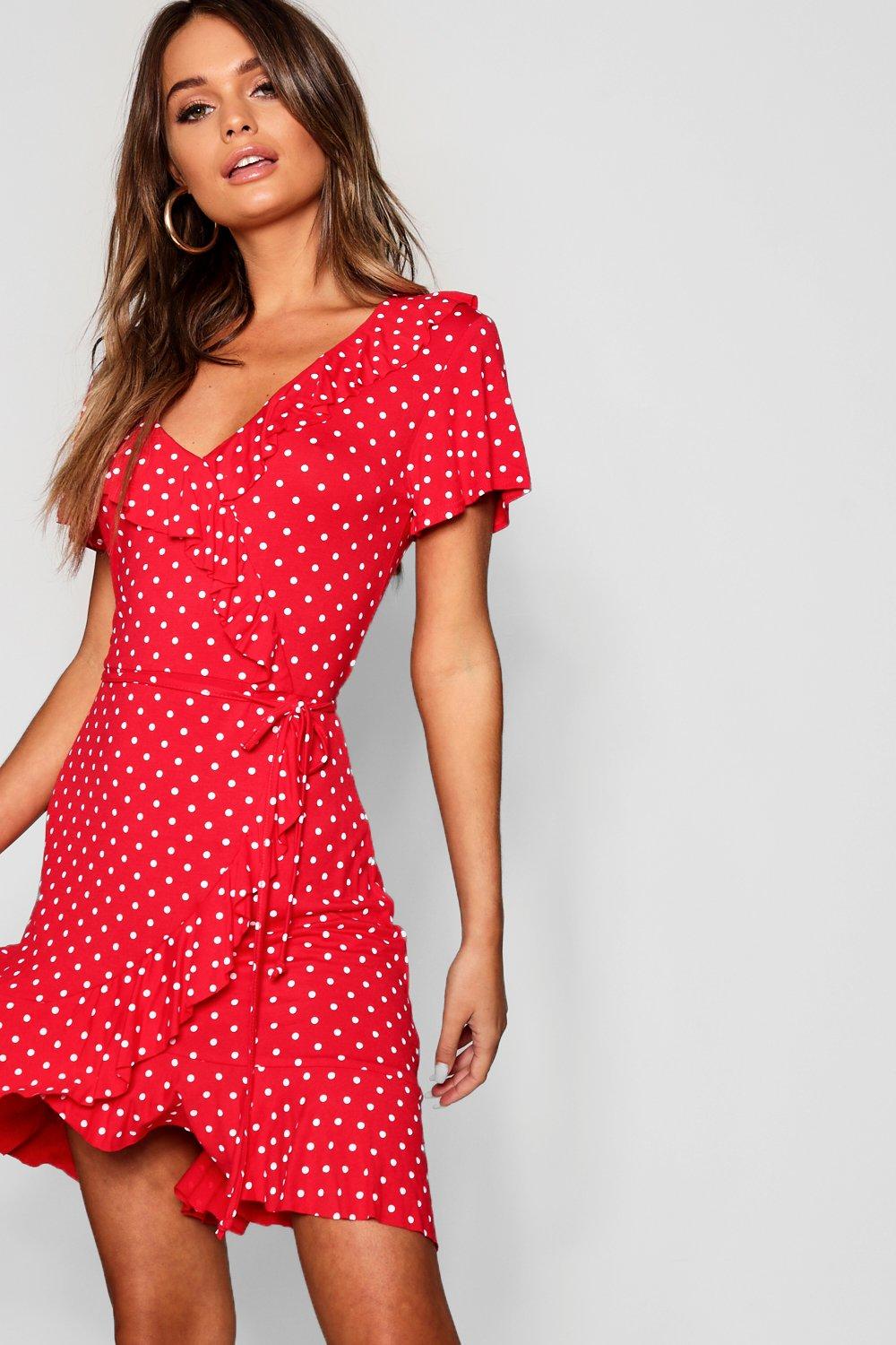 boohoo tiered ruffle mini dress with keyhole tie detail in mono polka dot