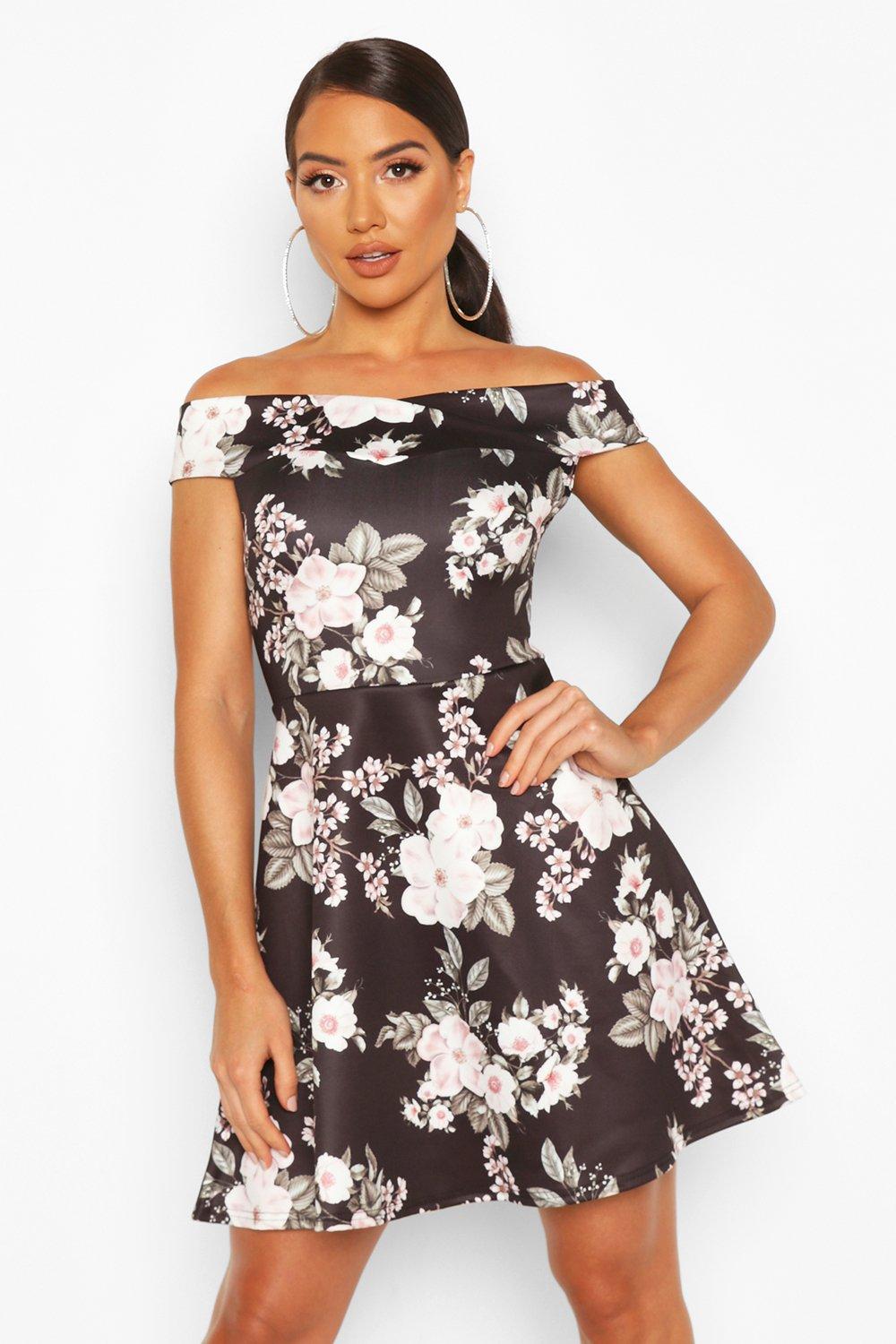 boohoo off shoulder skater dress in green ditsy floral