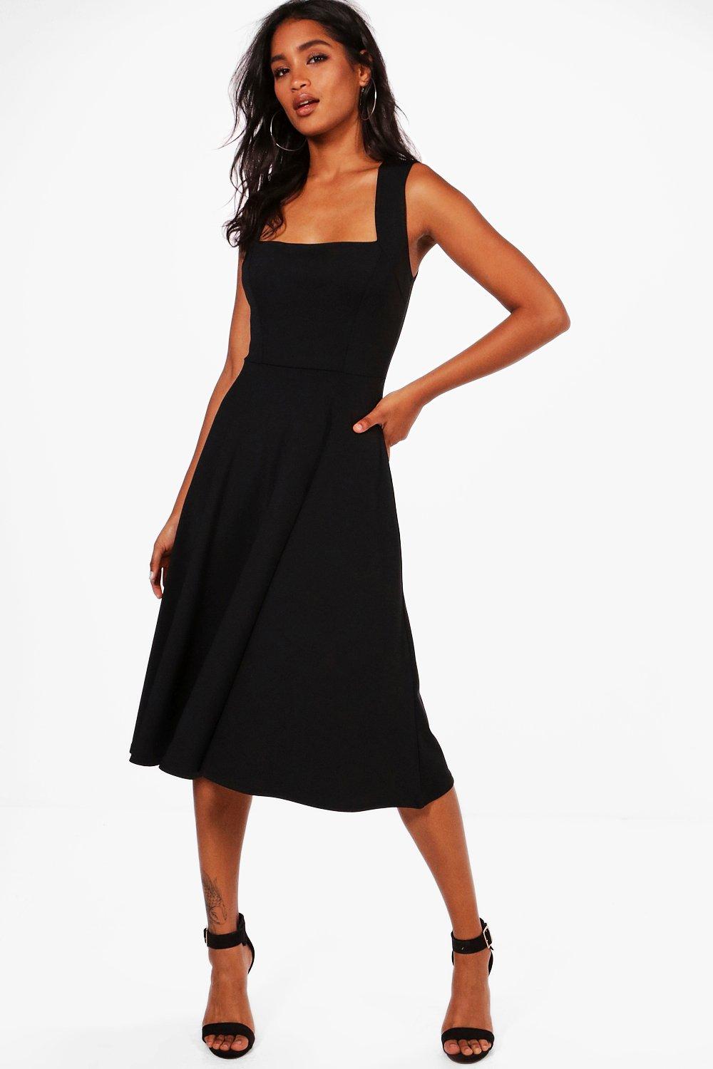 boohoo square neck midi skater dress