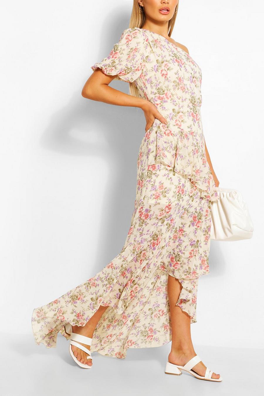 Pink Floral Puff One Shoulder Ruffle Maxi Dress image number 1
