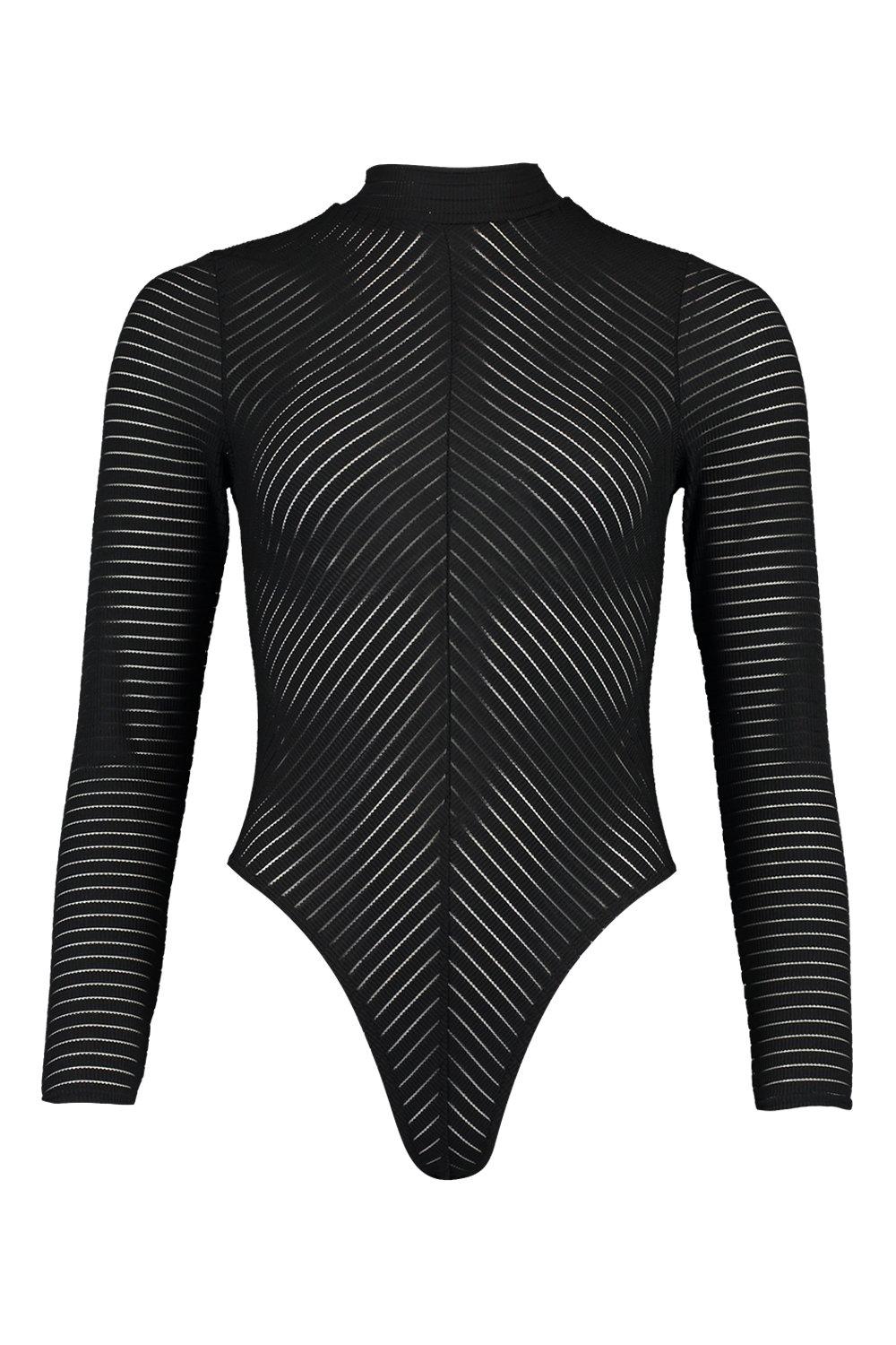 Black Chevron Mesh Long Sleeve Thong Bodysuit