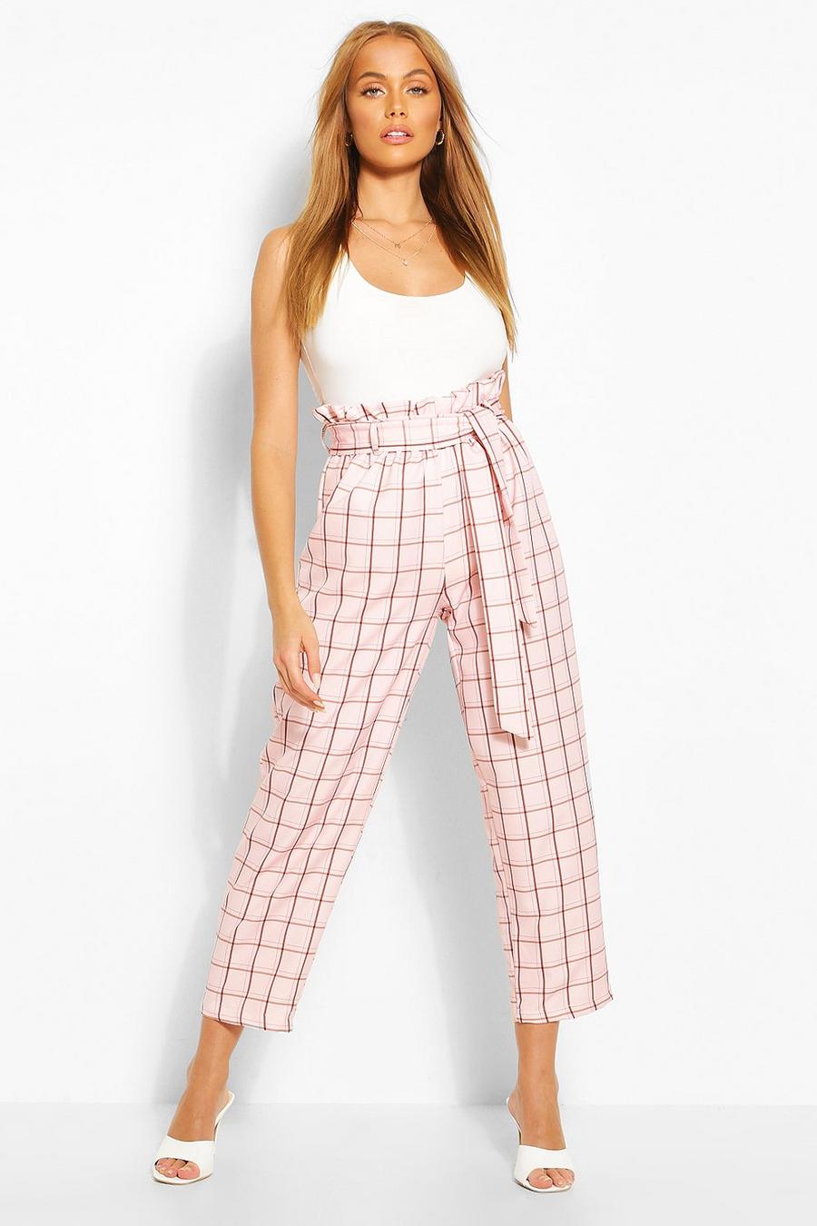 Pantalón entallado con cintura paperbag y cuadros color pastel, Pink image number 1