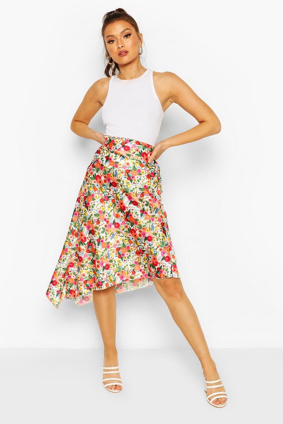 Bright Floral Satin Asymetric Midi Skirt image number 1