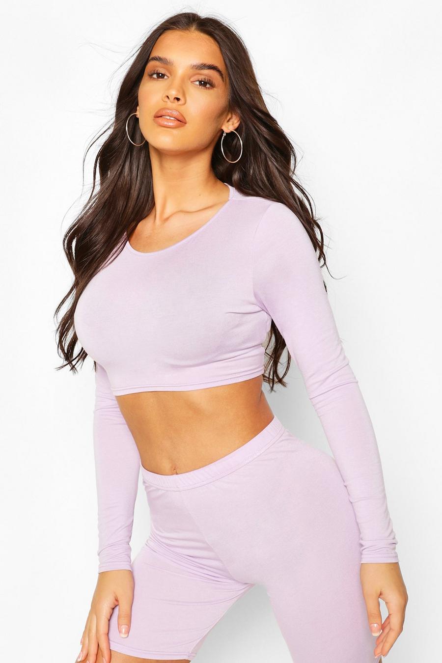 Lilac Crew Neck Long Sleeved Crop Top image number 1
