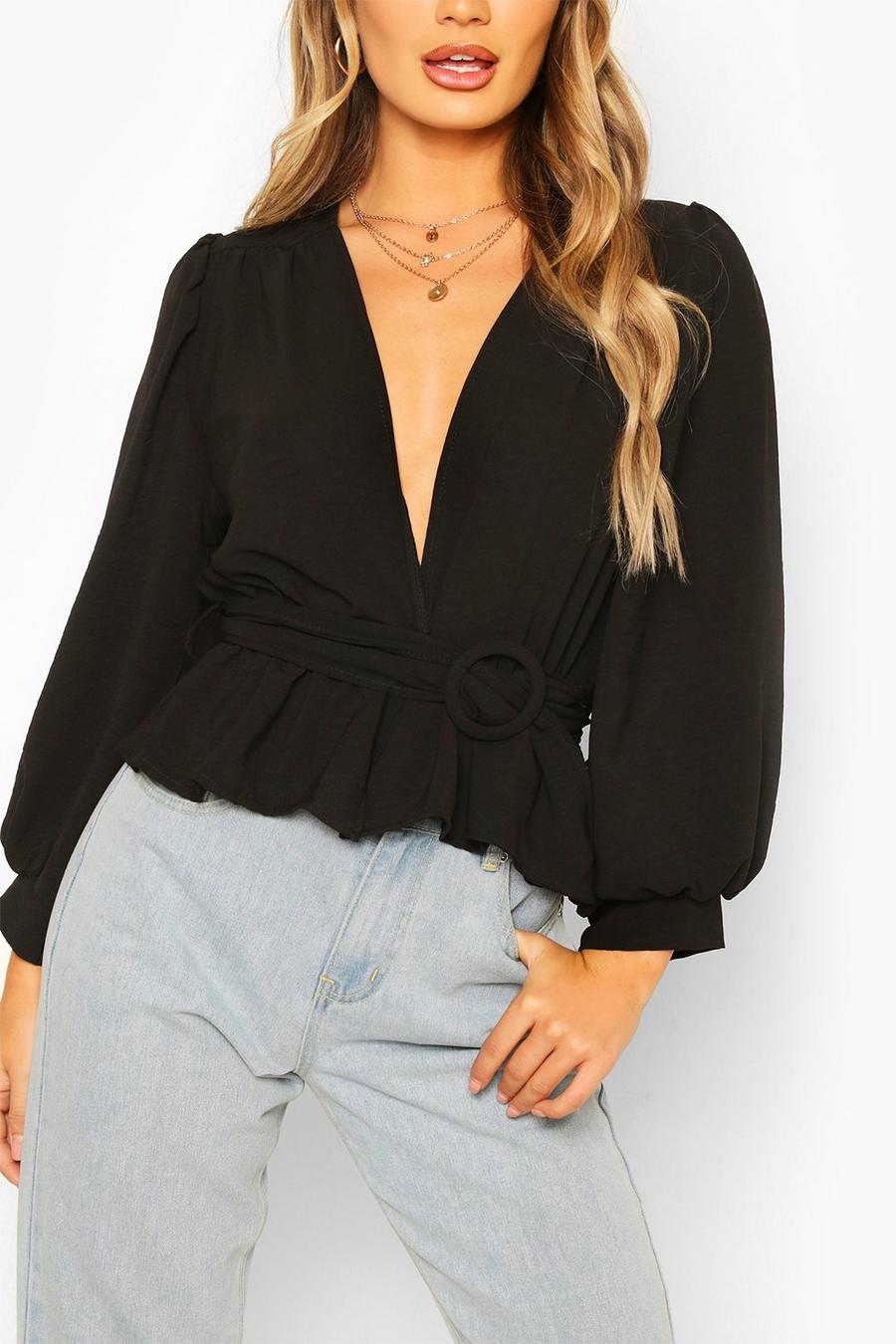 Black Puff Sleeve Belted Wrap Top image number 1