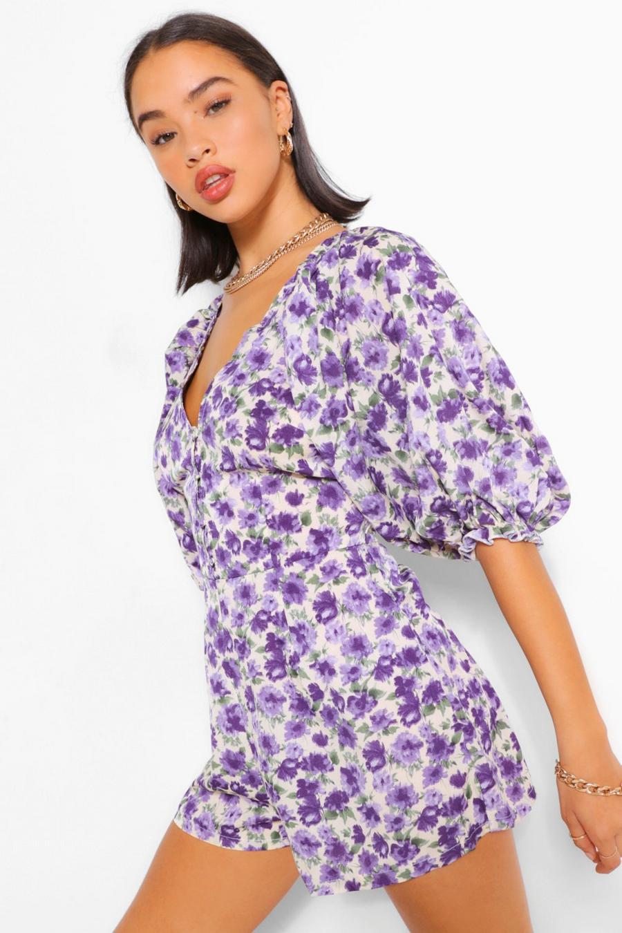 Floral Print Button Up Peplum Frill Playsuit image number 1