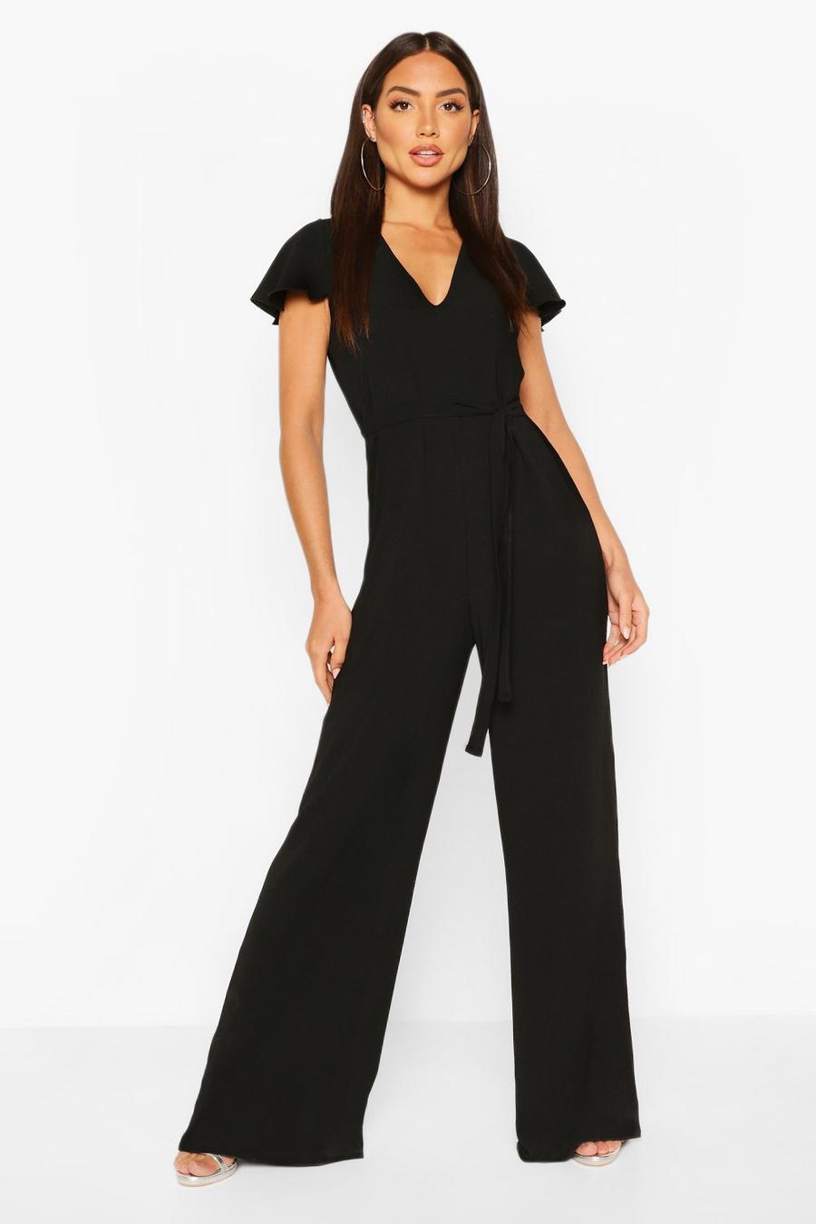 Black Chiffon Angel Sleeve Belted Woven Jumpsuit image number 1