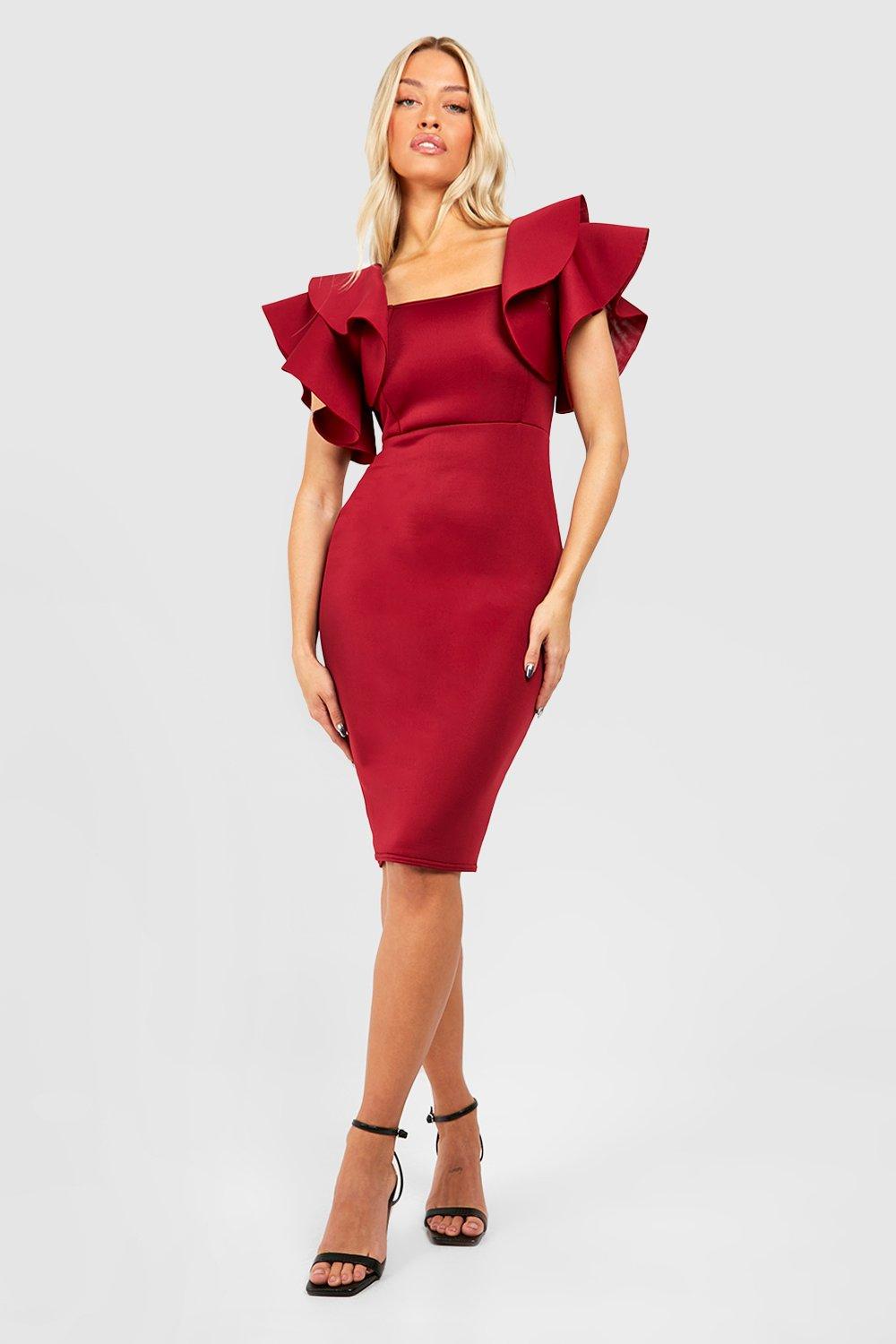 Bonded Scuba Ruffle Sleeve Midi Dress