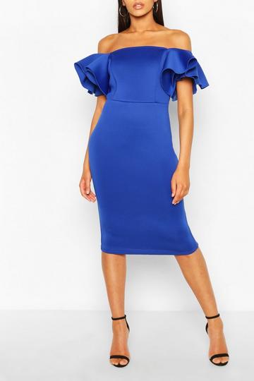 Bonded Scuba Ruffle Sleeve Midi Dress cobalt